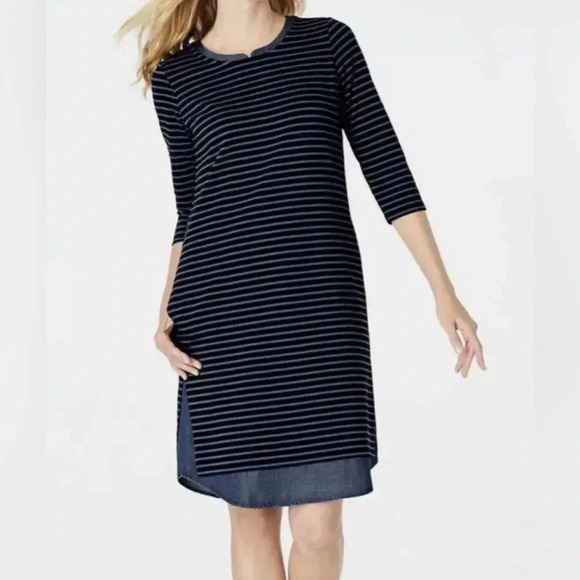 J Jill Mixed Media Shirttail Dress Striped Womens Small Blue Denim Crew - Picture 1 of 12